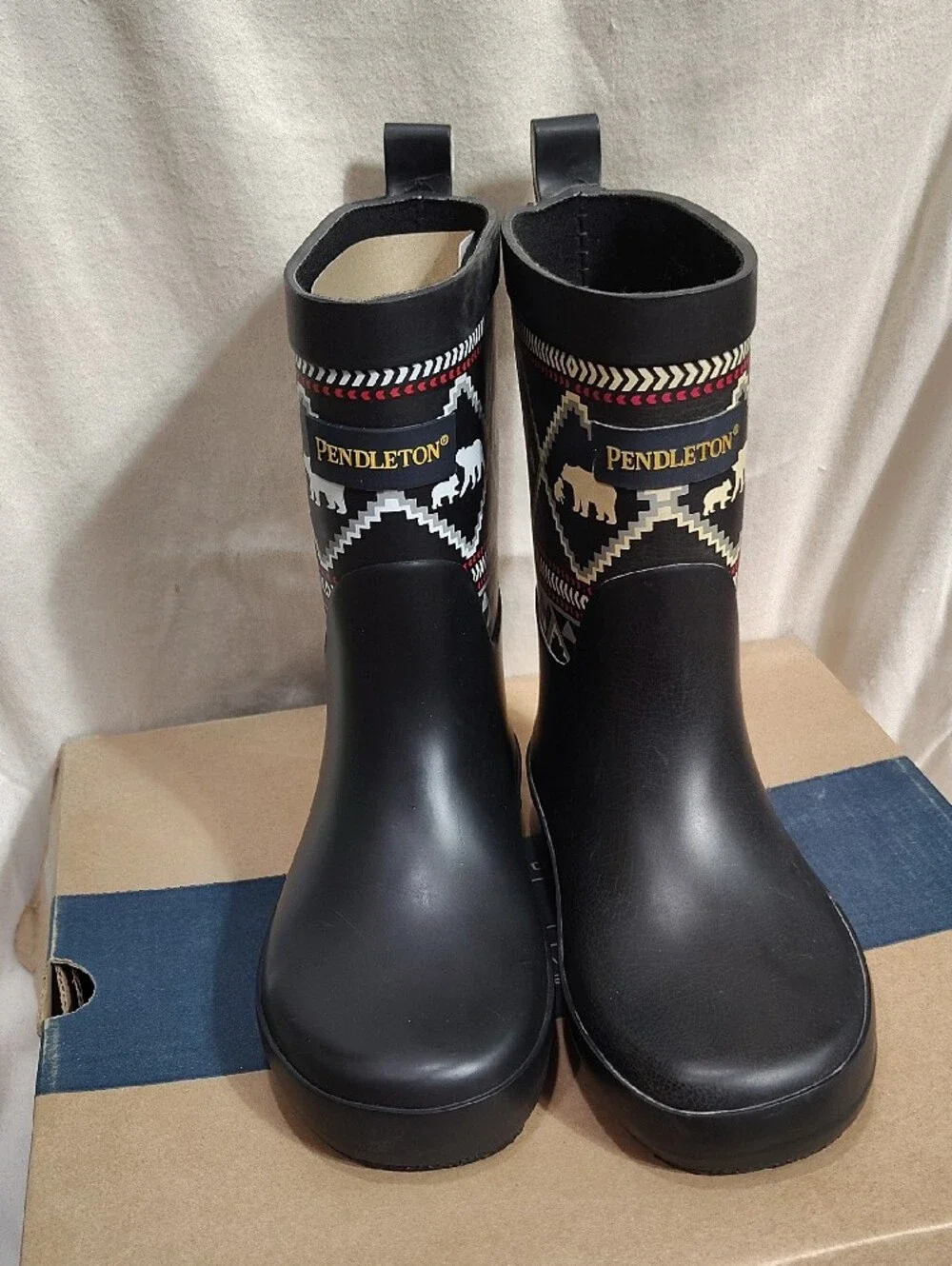 Pendleton  Kids Black Rubber Boots with Aztec Trim